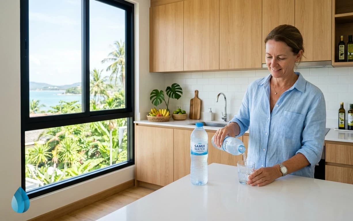 A cool water bottle on a clean kitchen counter in Samui.