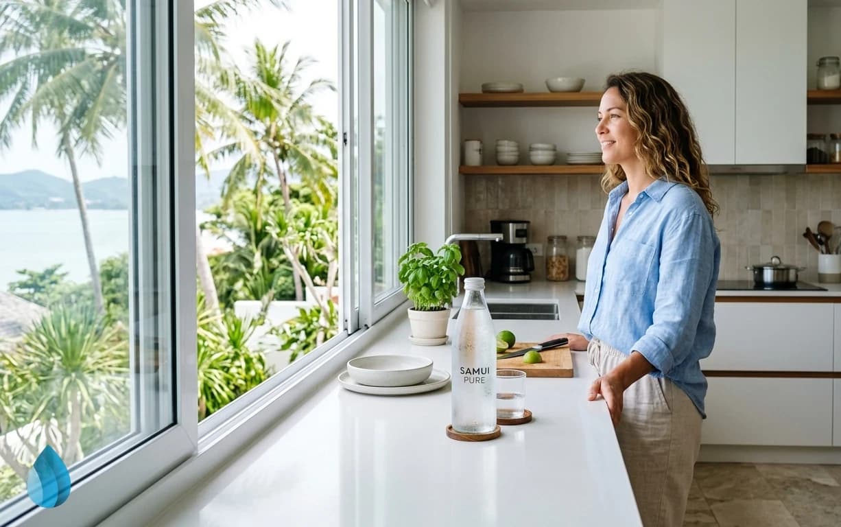 A cool bottle of drinking water ready on a clean kitchen counter in a bright tropical home.