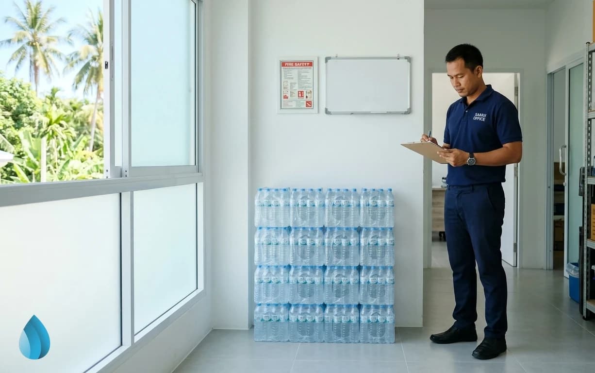 A neat stack of bottled water stored in an office storage room in Samui.