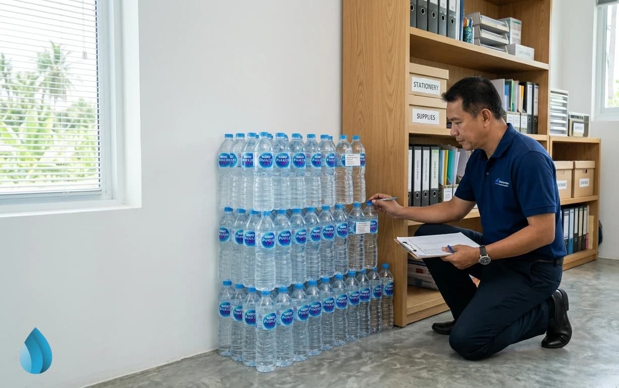 A neat stack of bottled water stored safely in a bright office storage room.
