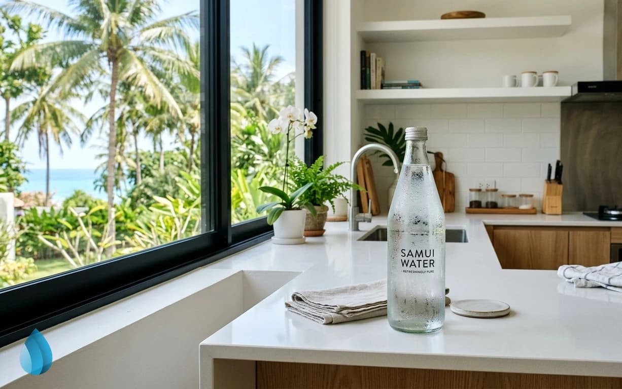 A cool bottle of clean drinking water ready on a bright kitchen counter in Samui.