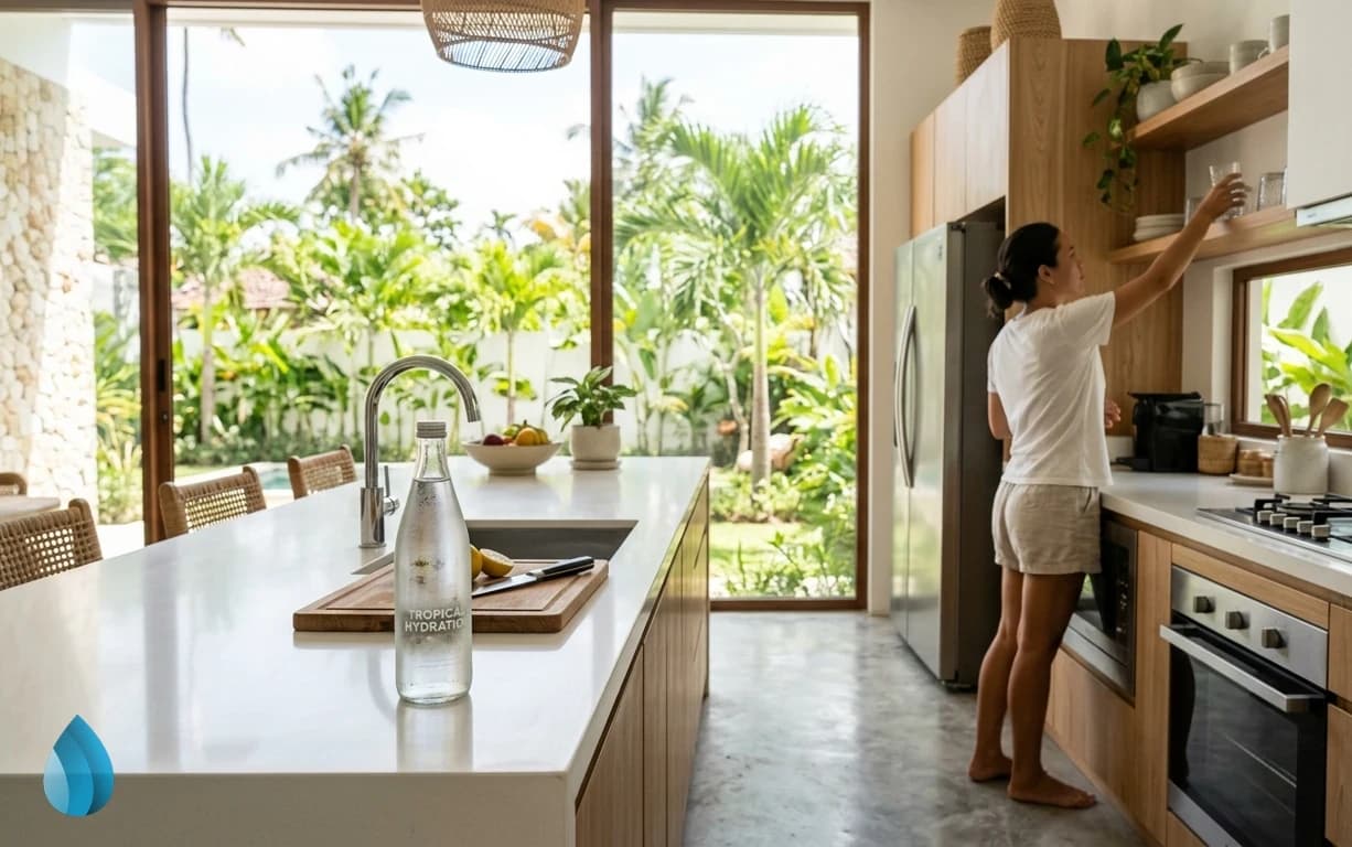 A cool water bottle stands on a kitchen counter in a tropical home, ready to provide fresh hydration.