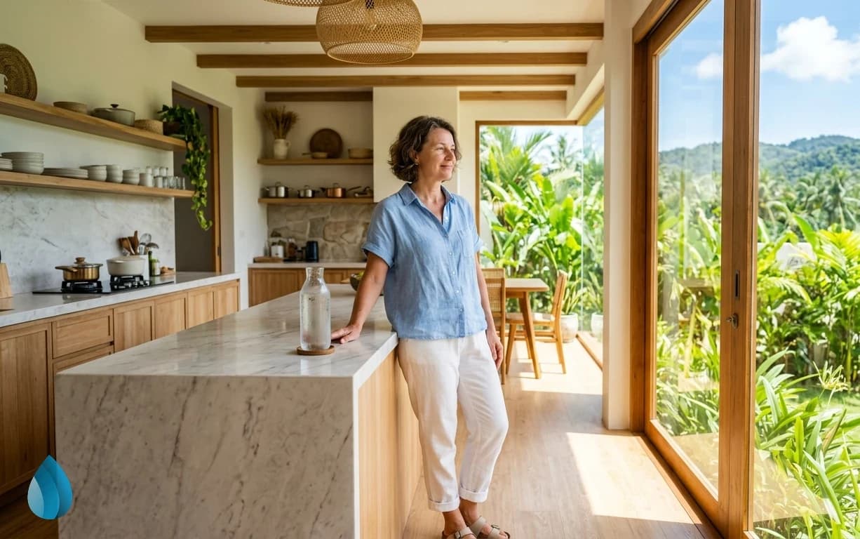 A cool water bottle stands on a clean kitchen counter in a bright home on Samui.