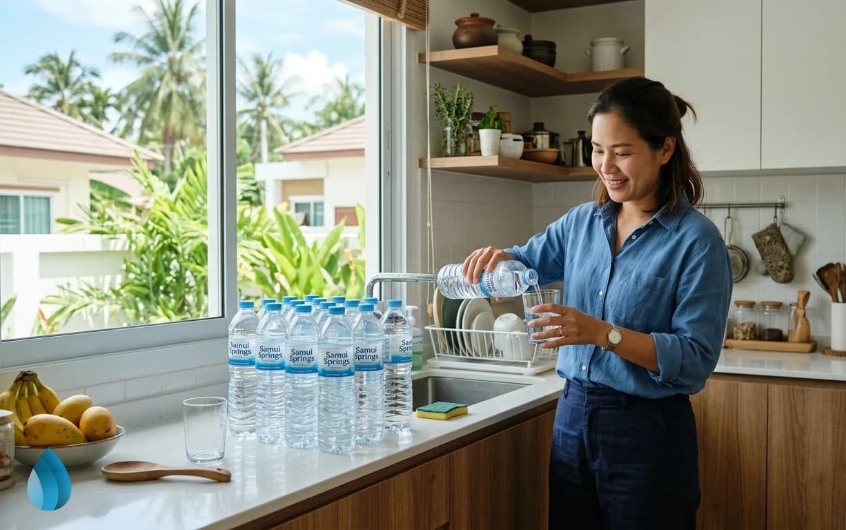 A neat stack of fresh water bottles in a bright kitchen representing safe and reliable water delivery.