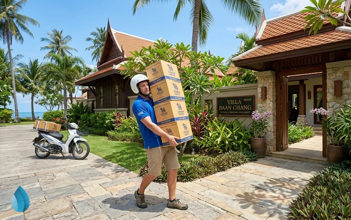 A delivery worker carrying a stack of bottled water boxes to a tropical villa entrance.