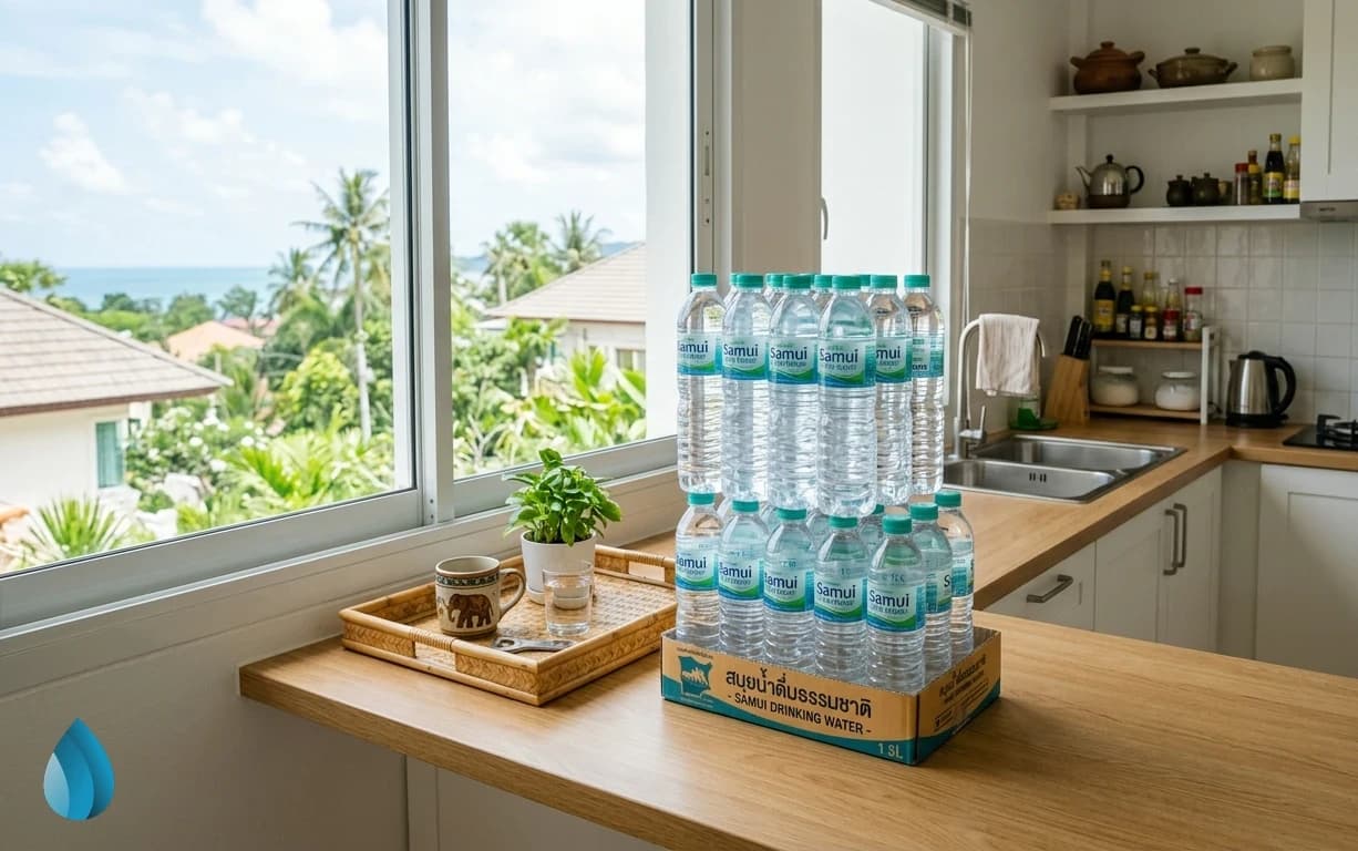 A neat stack of fresh water bottles in a bright kitchen representing safety and hydration.