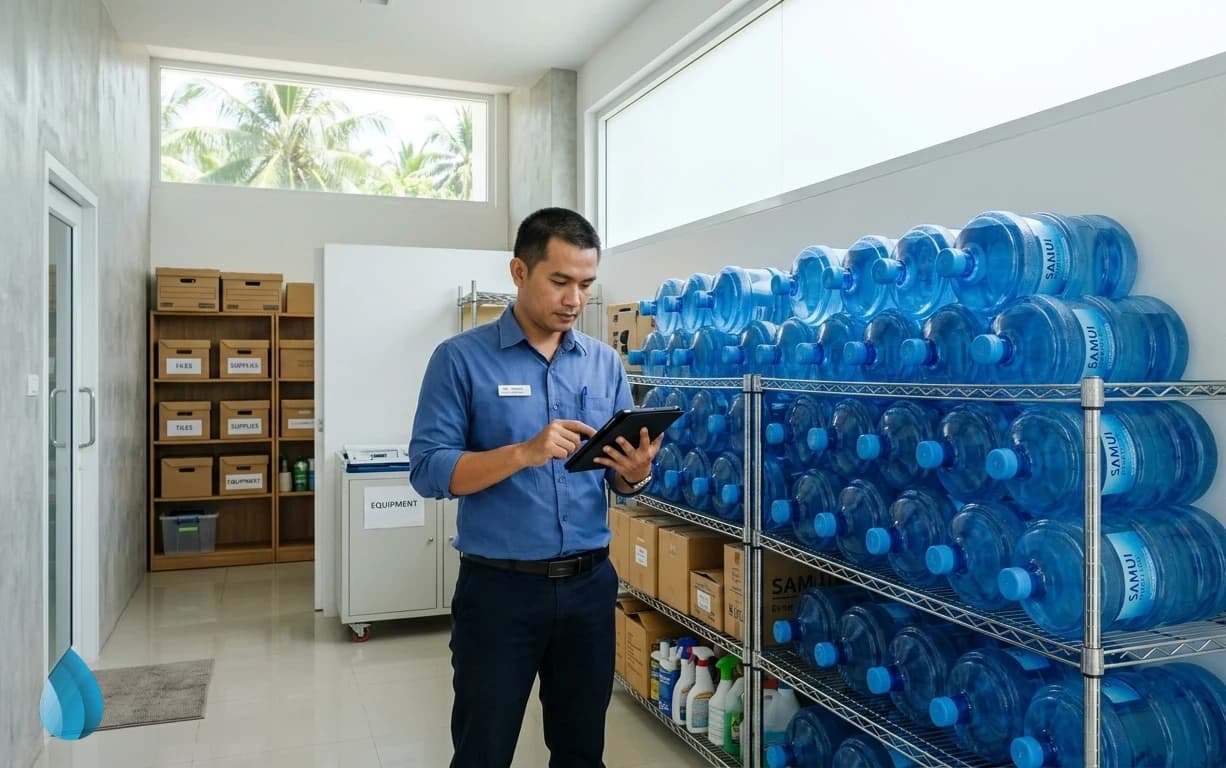 A neat stack of bottled water stored securely in an office storage room.