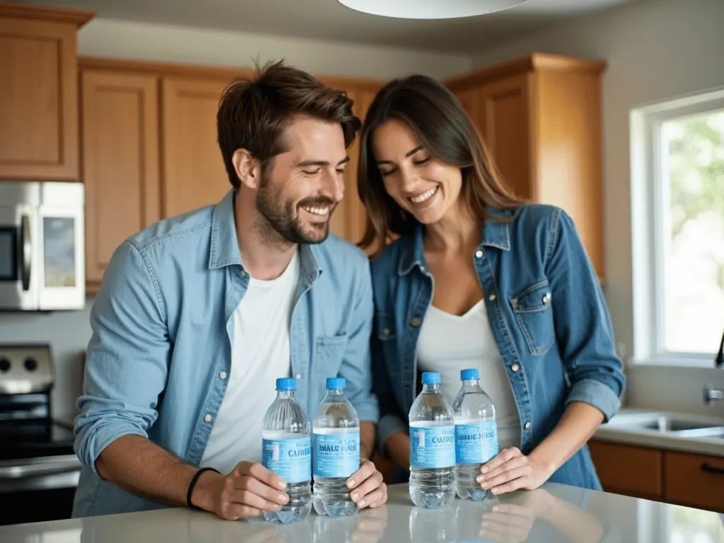 Couple enjoying water in their villa kitchen