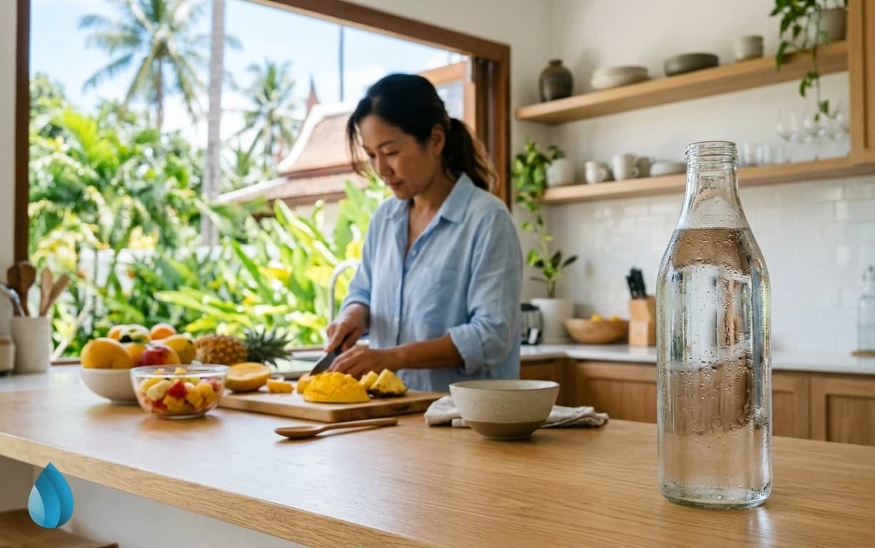 A cool bottle of water stands on a bright kitchen counter in a home in Samui, ready for daily hydration.