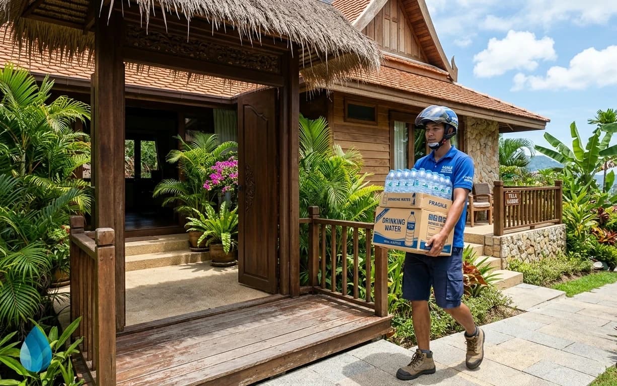 A delivery person in a blue polo shirt and helmet delivers a heavy stack of boxed water to a Samui villa doorway.