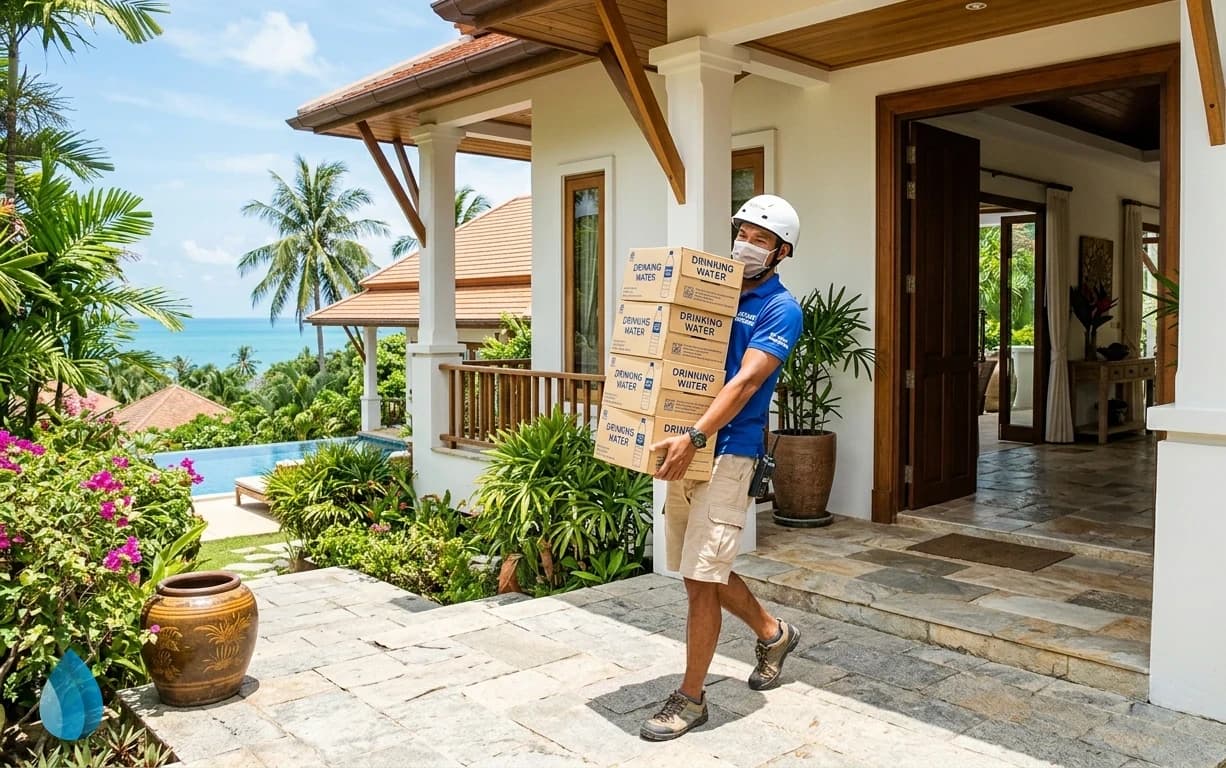 A delivery person carrying a stack of bottled water boxes to a tropical villa entrance in Samui under bright daylight.