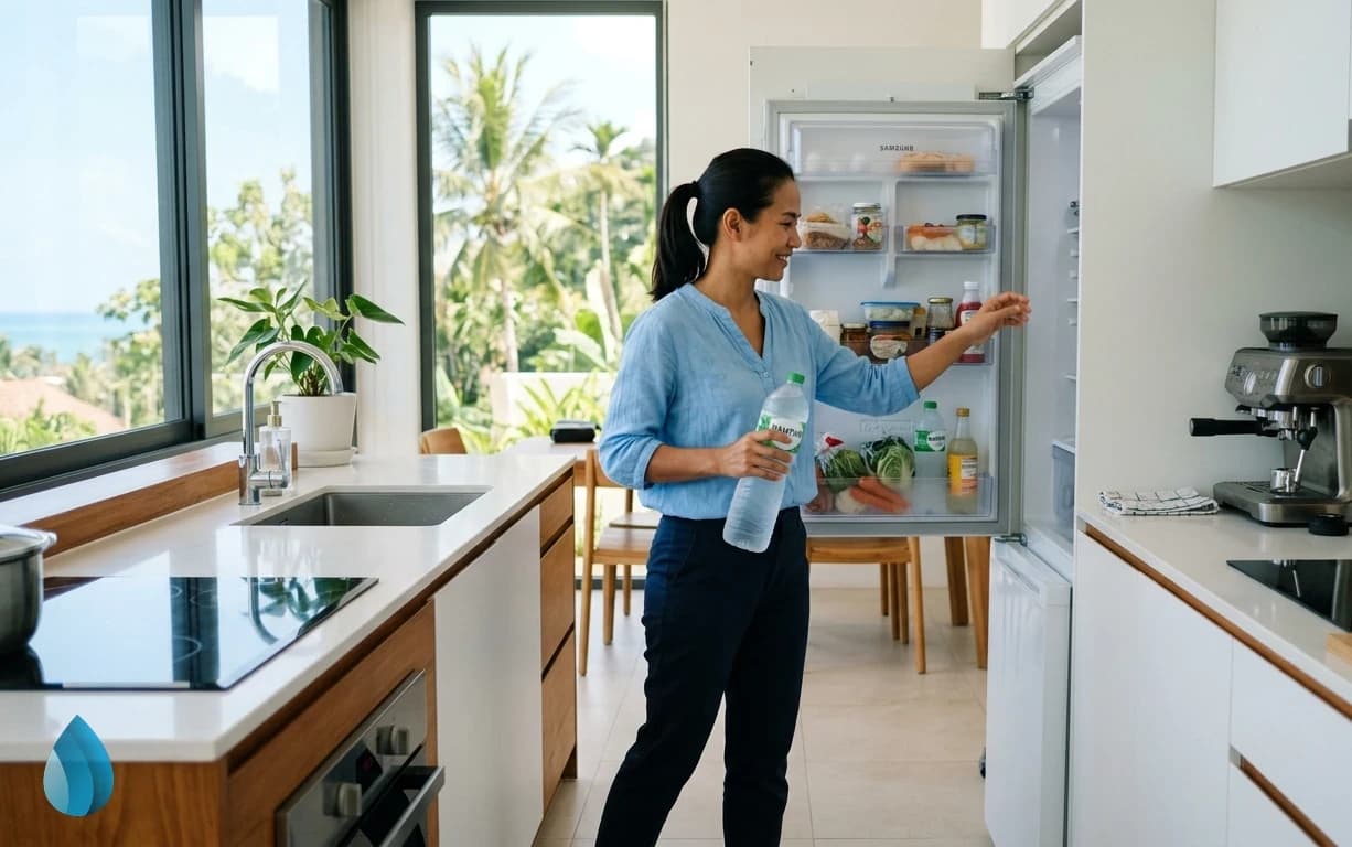 A woman opens her refrigerator in a bright kitchen to grab a cold one point five litre water bottle.