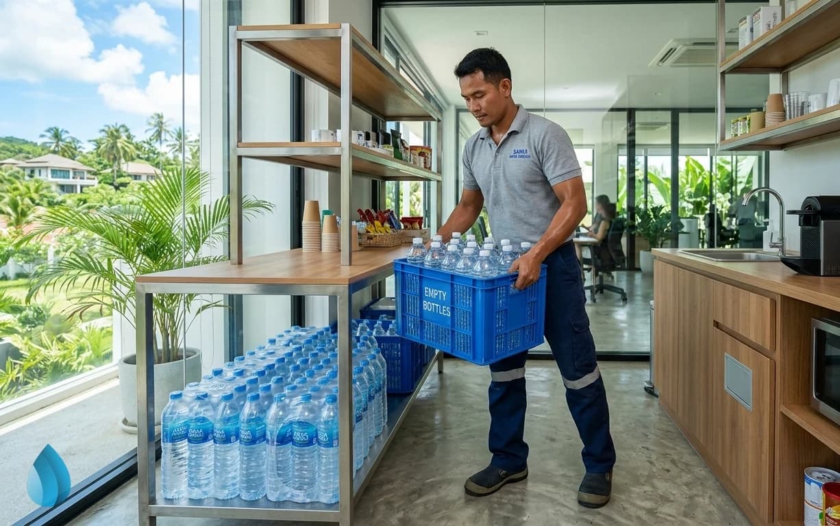 A delivery driver removes empty bottles from an office pantry while fresh water is safely stored.
