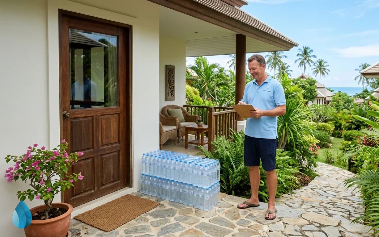 A clean porch with neatly stacked empty water bottles at a tropical villa in Samui.