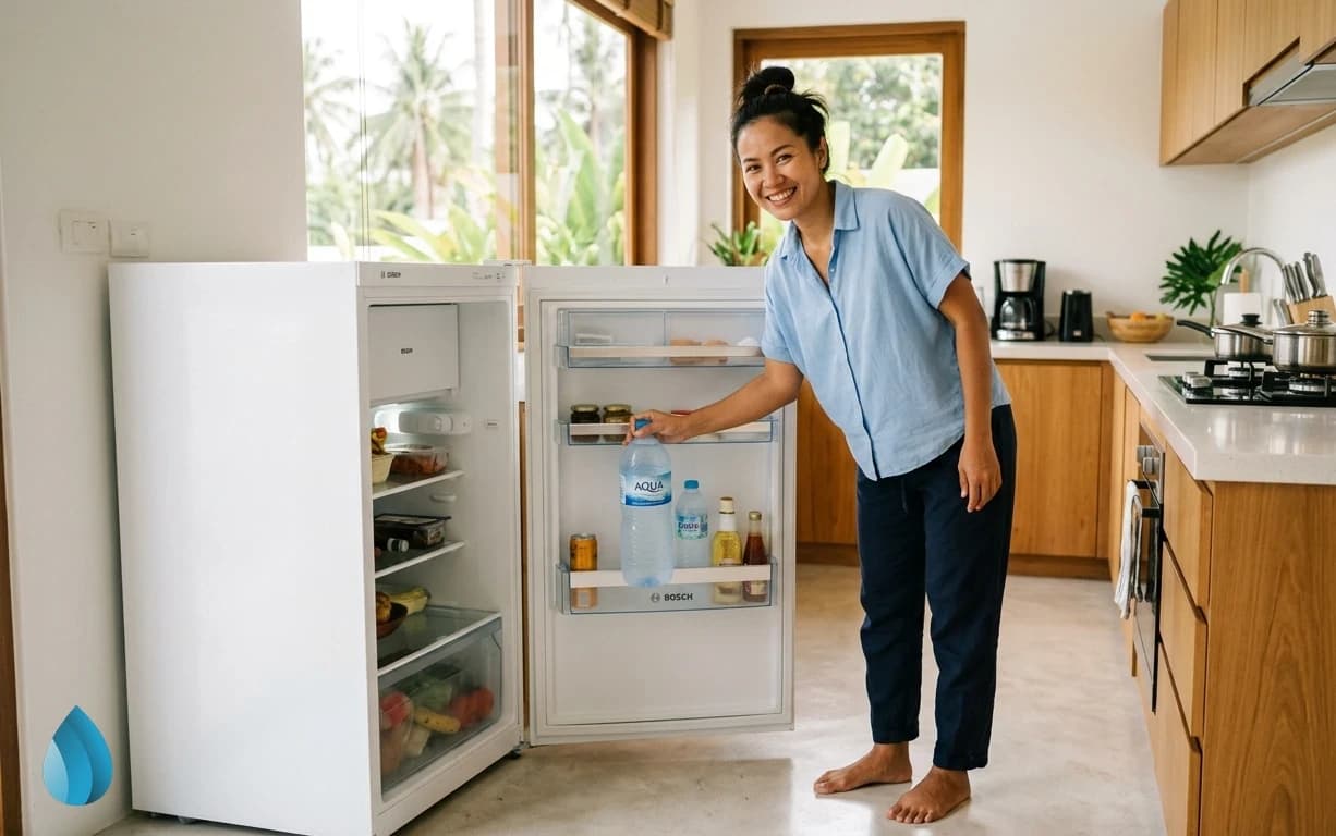 A woman opens her refrigerator in a bright kitchen to grab a cold bottle of water.