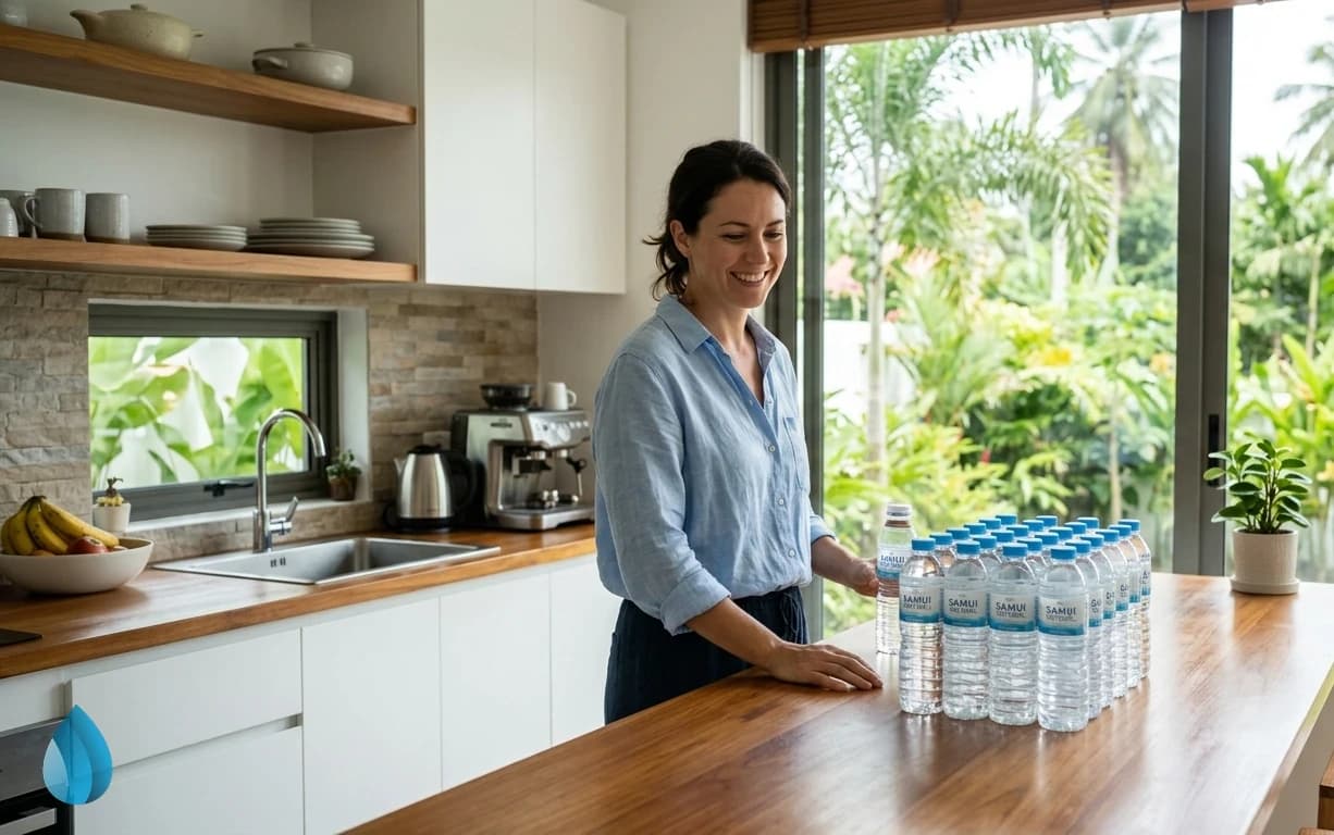 A neat stack of fresh water bottles in a bright Samui kitchen.