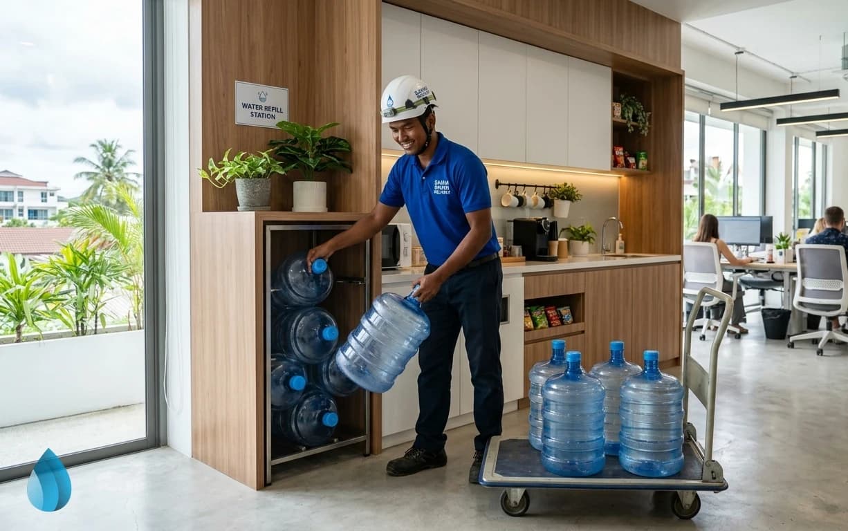 A delivery driver removes empty water bottles from an office pantry.