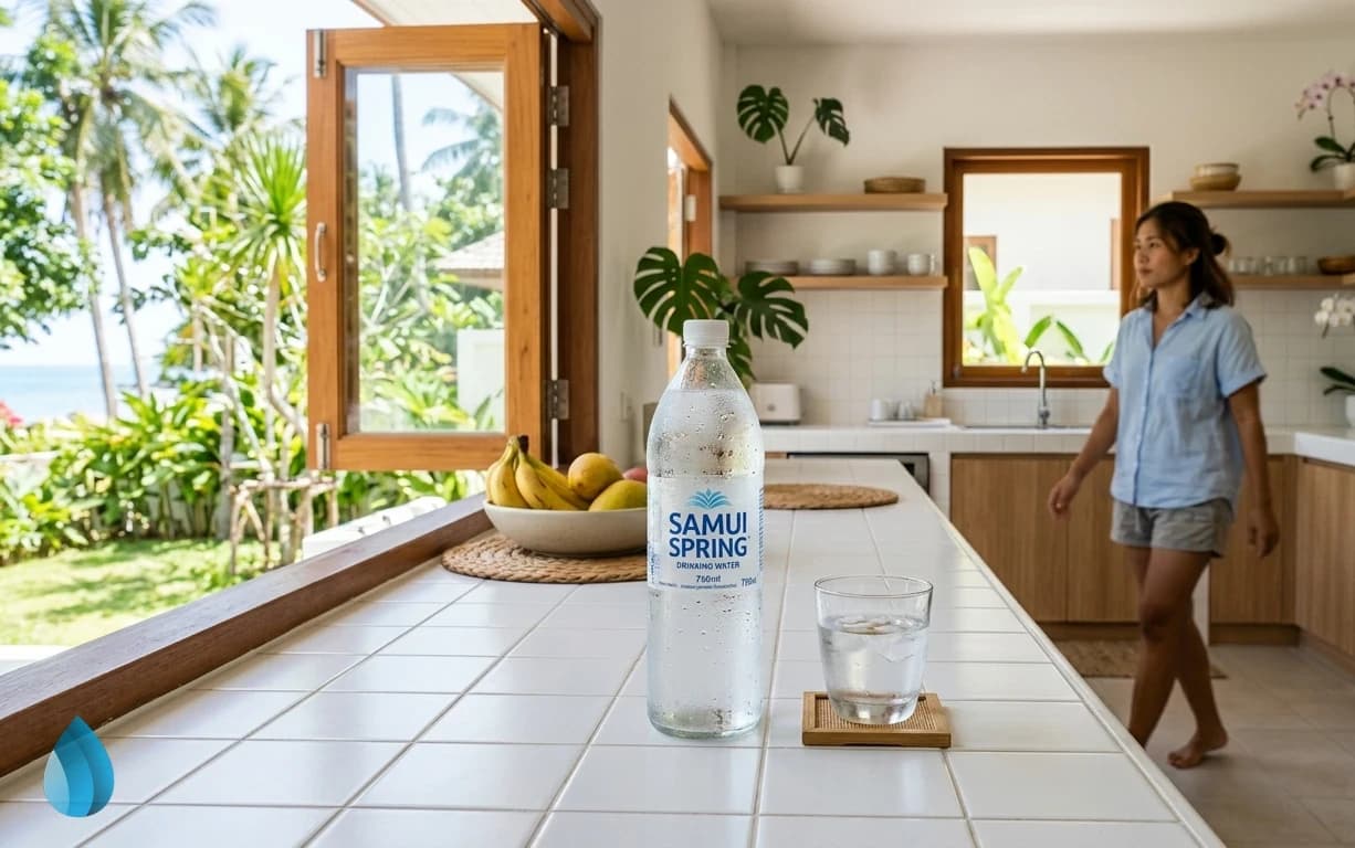 A cool bottle of drinking water sits ready on a bright kitchen counter in a home.