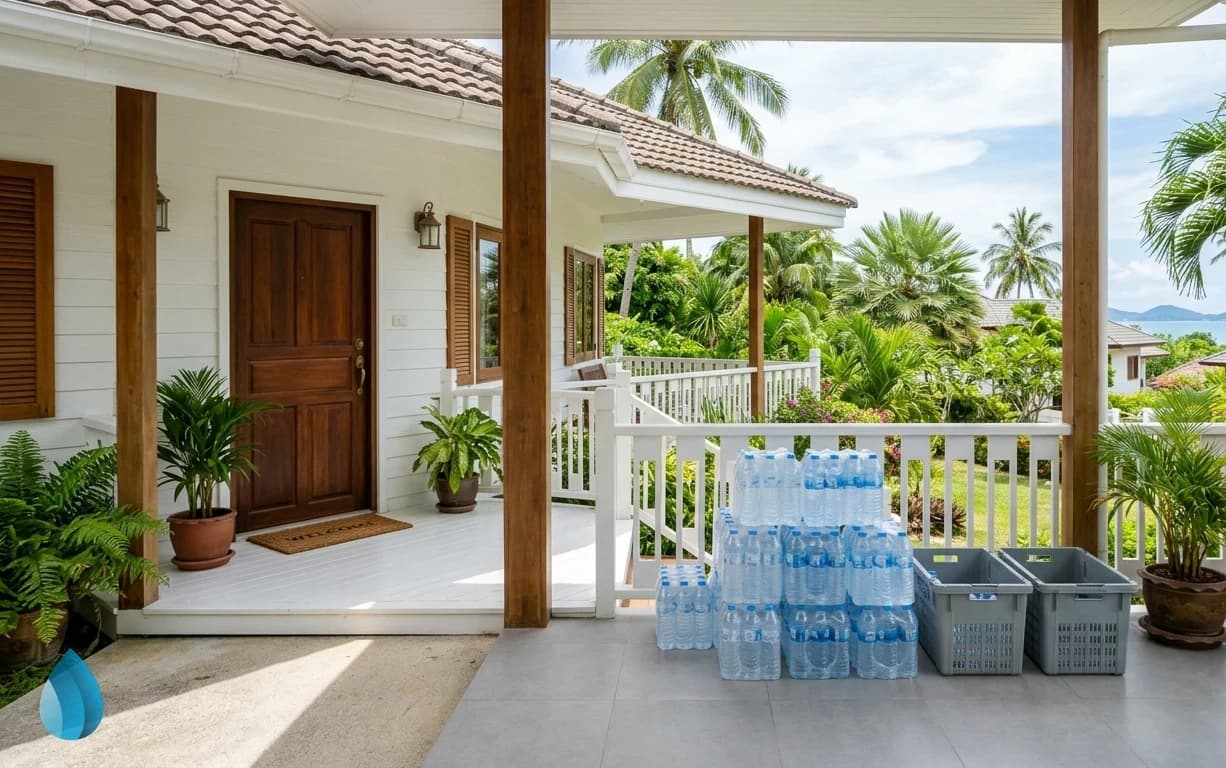 A clean porch in Samui with stacked empty water bottles ready for collection in bright daylight.