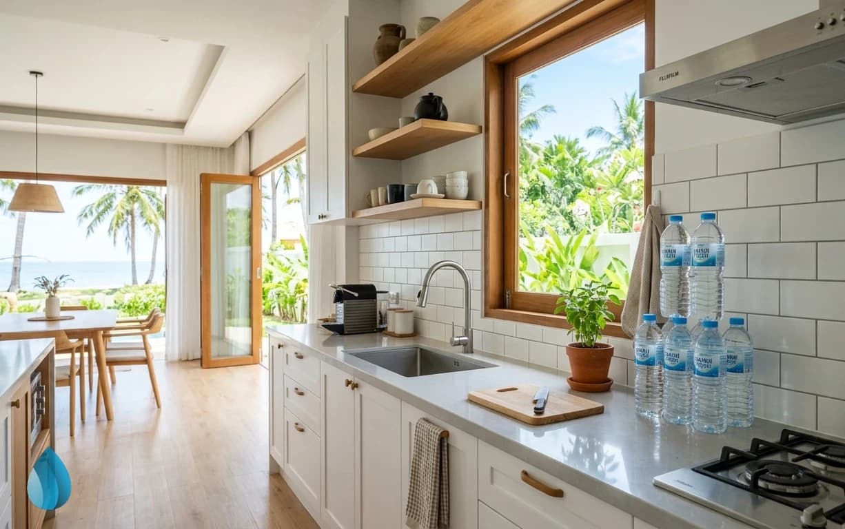 A neat stack of fresh water bottles in a bright kitchen.