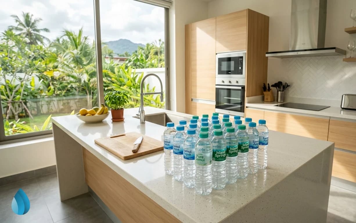 A neat stack of fresh water bottles stored in a bright kitchen.