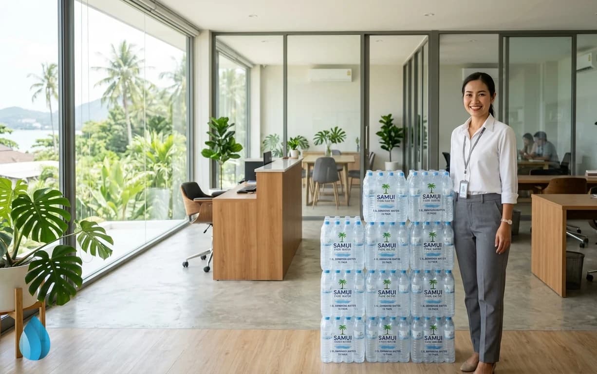 An office manager smiling beside a fully stocked stack of water bottles in a bright office.