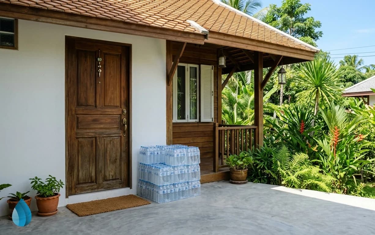 An empty porch of a tropical home in Samui featuring neatly stacked empty water bottles in clear daylight.