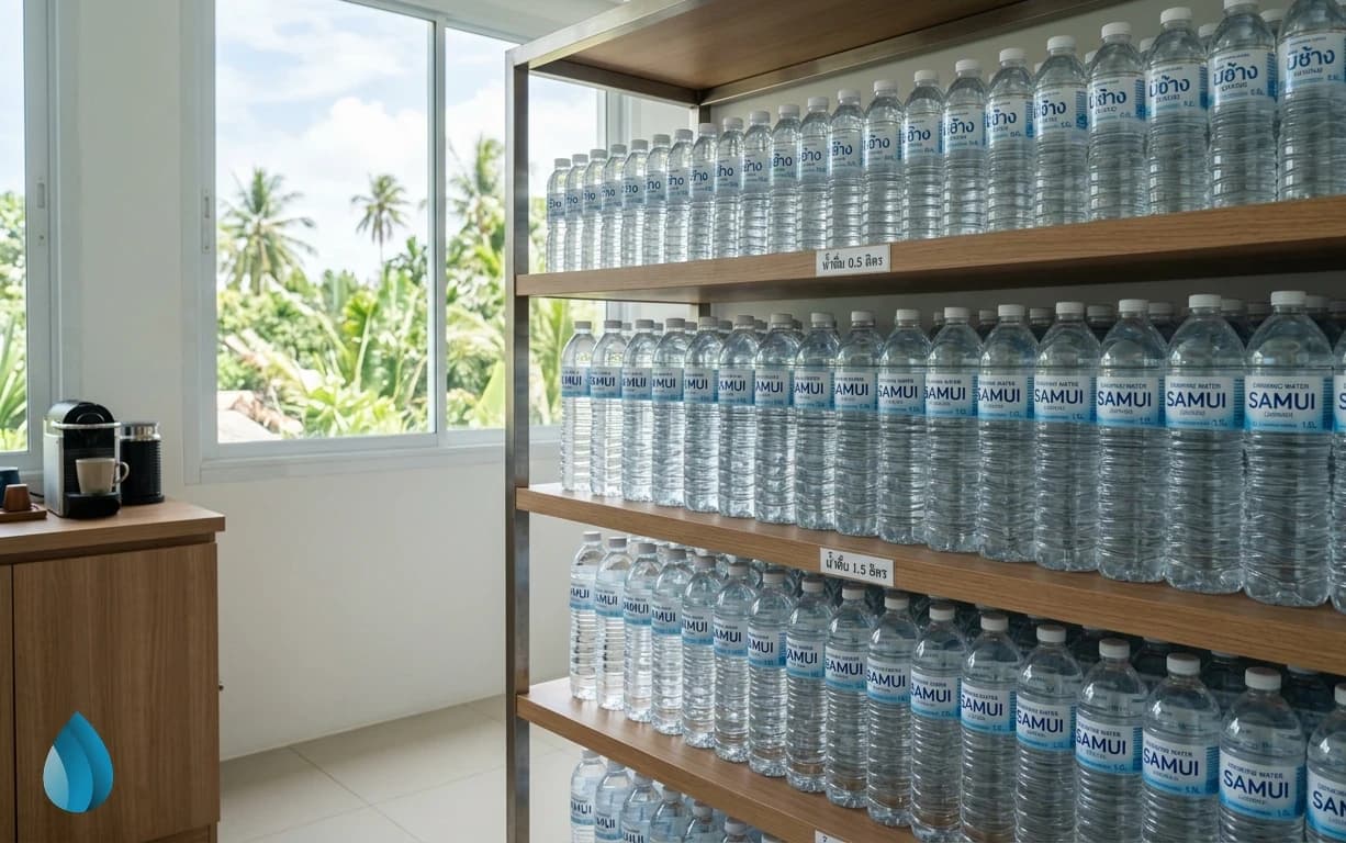 A neat stack of bottled water stored safely in an office pantry in Samui.