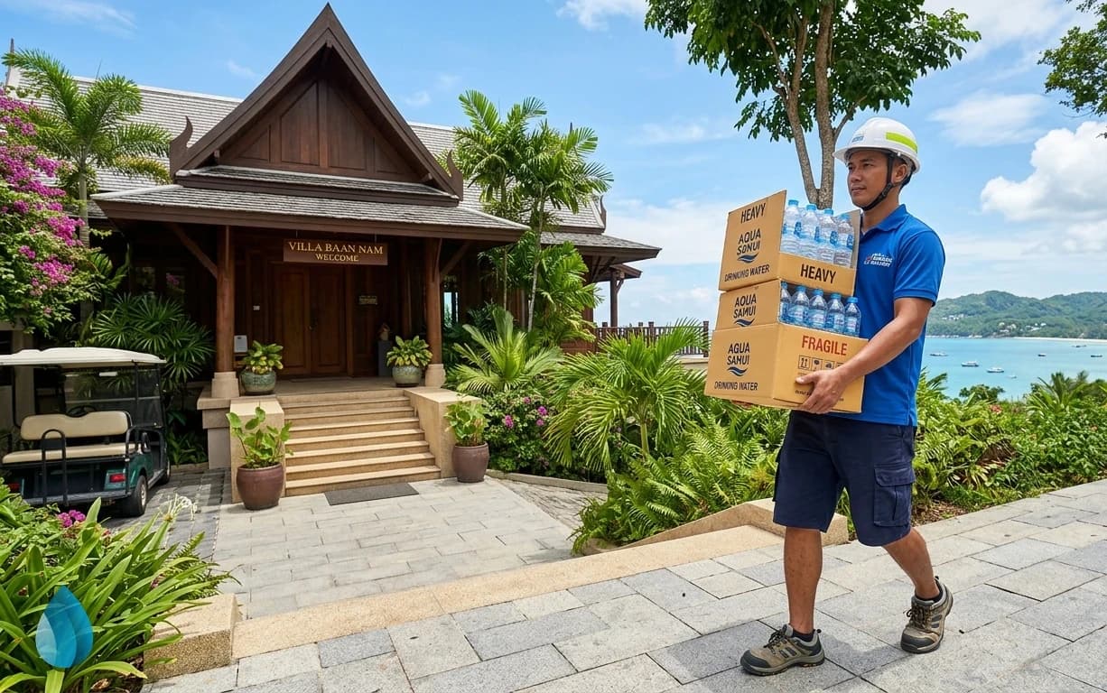 A delivery person wearing a helmet carries a heavy stack of bottled water boxes to a resort villa entrance in Samui.