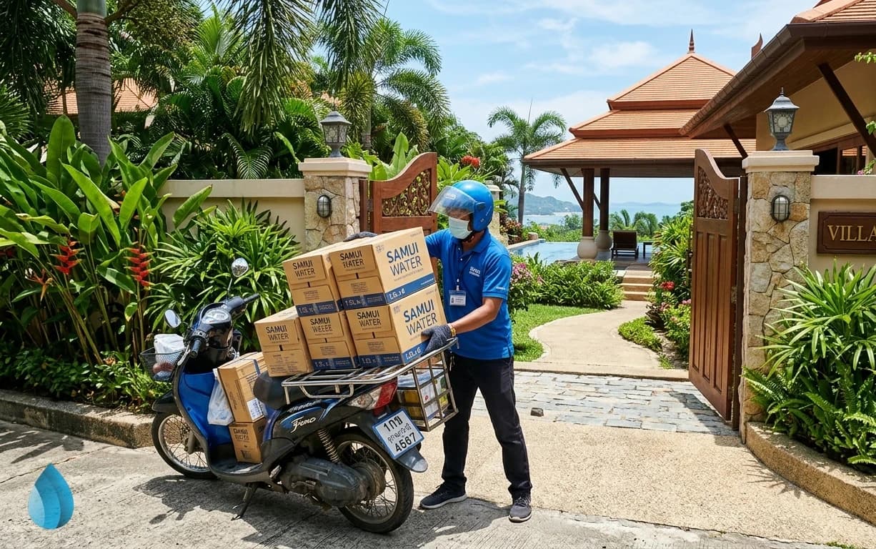 A delivery worker unloads heavy boxes of bottled water at a villa in Samui.