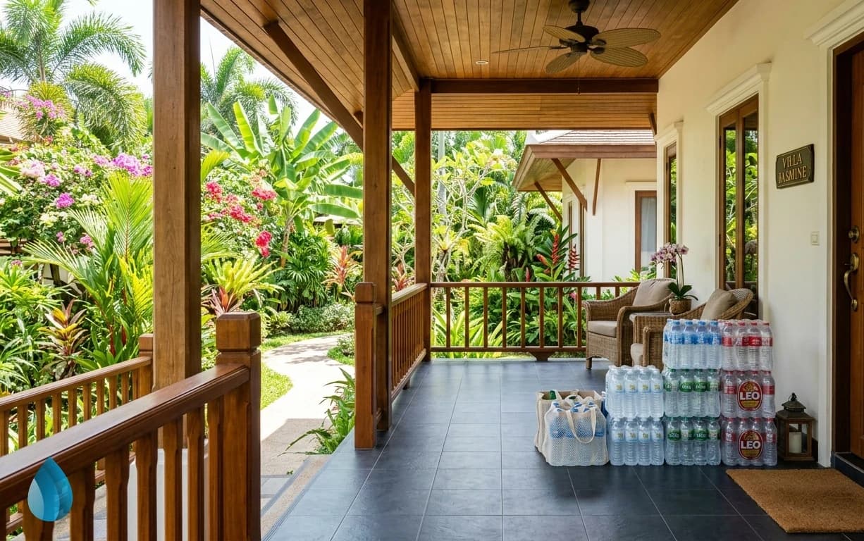 Neat stacks of empty water bottles sit on a clean porch in Samui, ready for reliable collection.